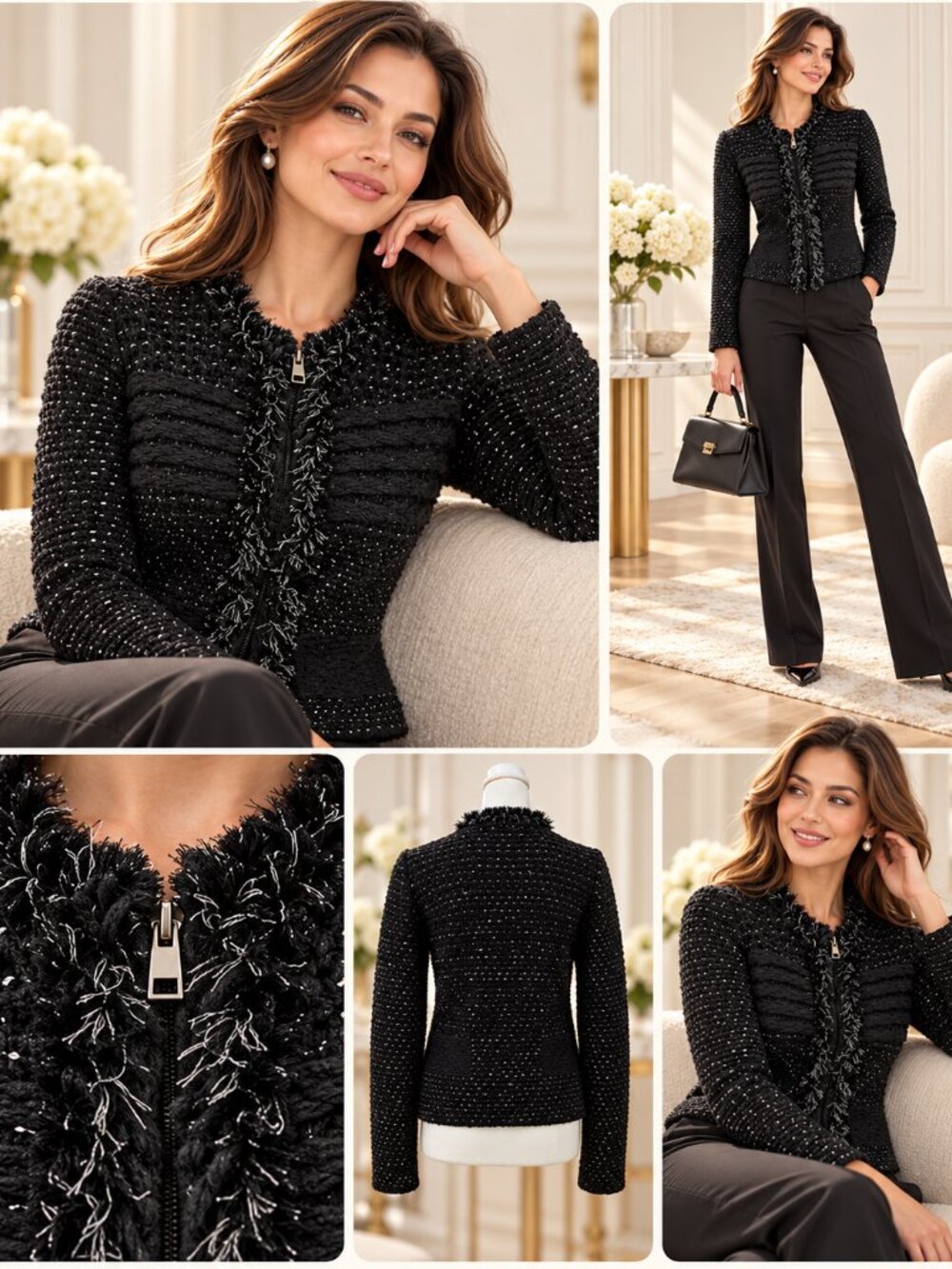 Ann Taylor M Black Metallic Silver Textured Zip Front Cardigan Sweater